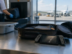 Transporter une console de jeux en avion sans la casser, mode d’emploi Une console de jeux avec un écran brisé posée sur une table en métal à côté d'une valise au contrôle de sécurité.