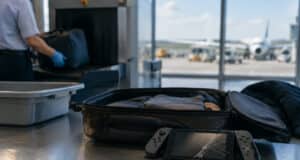 Une console de jeux avec un écran brisé posée sur une table en métal à côté d'une valise au contrôle de sécurité.