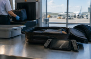 Transporter une console de jeux en avion sans la casser, mode d’emploi Une console de jeux avec un écran brisé posée sur une table en métal à côté d'une valise au contrôle de sécurité.