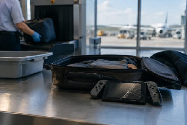Console de jeux cassée au contrôle de sécurité d'un aéroport Une console de jeux avec un écran brisé posée sur une table en métal à côté d'une valise au contrôle de sécurité.