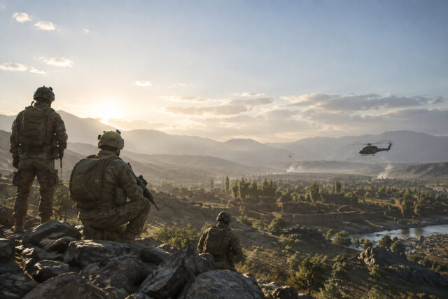 Squad : L'immersion tactique sur PS5 Trois soldats en tenue tactique observent une vallée montagneuse au coucher du soleil avec un hélicoptère au loin.