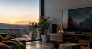Manette Xbox et boîtiers de jeux sur une table basse, devant une télévision et un coucher de soleil.