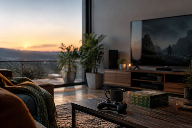Manette Xbox et boîtiers de jeux sur une table basse, devant une télévision et un coucher de soleil.