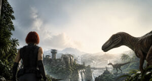 Une femme aux cheveux roux regarde des dinosaures dans une jungle tropicale luxuriante avec des ruines en arrière-plan.