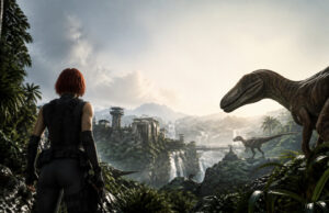 Dino Crisis 2 sur PS5 et PS4 avec PlayStation Plus : conditions d’accès et prix Une femme aux cheveux roux regarde des dinosaures dans une jungle tropicale luxuriante avec des ruines en arrière-plan.