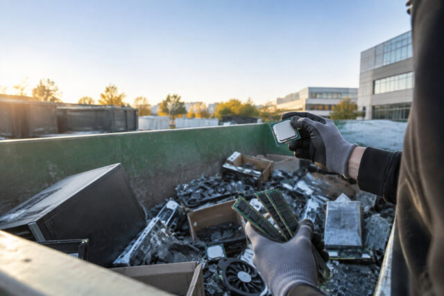Une personne porte des gants de travail et tient un processeur et de la mémoire vive extraits d'une benne à déchets.