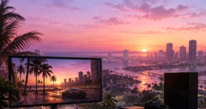 Un setup gaming avec un écran affichant un jeu de style GTA 6 devant une vue réelle sur une ville au coucher du soleil.