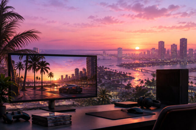 Installer des mods sur GTA 6 : Guide complet Un setup gaming avec un écran affichant un jeu de style GTA 6 devant une vue réelle sur une ville au coucher du soleil.