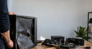 Un homme inspecte un boîtier PC gamer gravement endommagé avec des composants démontés sur une table en bois.