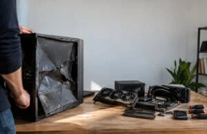 Un PC gamer acheté 20 € aux enchères, une vraie aubaine Un homme inspecte un boîtier PC gamer gravement endommagé avec des composants démontés sur une table en bois.