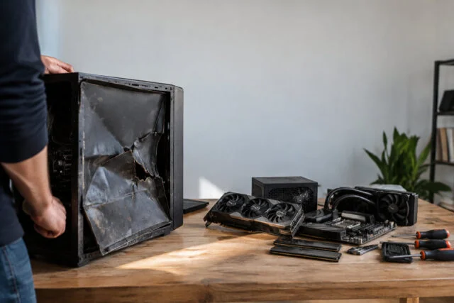 Un PC gamer en piteux état acheté aux enchères Un homme inspecte un boîtier PC gamer gravement endommagé avec des composants démontés sur une table en bois.