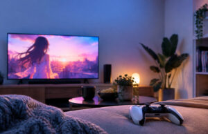 Ecchi Memories gratuit sur PS4 et PS5 : un Platine rapide Une manette PS5 posée sur un lit face à une télévision diffusant un paysage animé au coucher du soleil dans un salon.