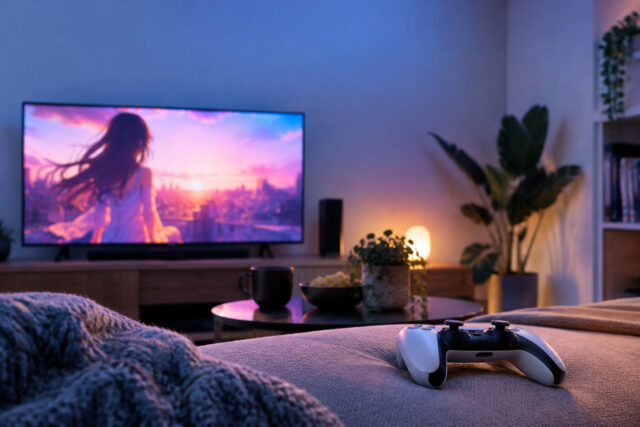 Ecchi Memories : Platine rapide sur PS4 et PS5 Une manette PS5 posée sur un lit face à une télévision diffusant un paysage animé au coucher du soleil dans un salon.