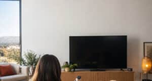 Une femme assise sur un canapé regarde une télévision éteinte dans un salon moderne.