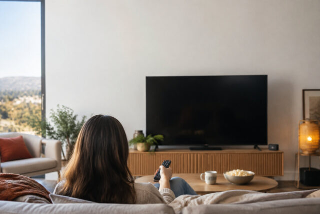 Quel prix pour les abonnements Netflix en 2026 ? Une femme assise sur un canapé regarde une télévision éteinte dans un salon moderne.