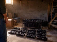 Un joueur trouve 12 RTX 3070 issues du minage dans sa cave Un homme observe 12 cartes graphiques RTX 3070 posées sur le sol d'une cave sombre à côté d'un rack de minage.