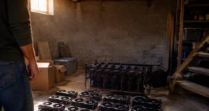 Un homme observe 12 cartes graphiques RTX 3070 posées sur le sol d'une cave sombre à côté d'un rack de minage.