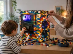 Un PC gamer transformé en LEGO, cadeau d’un enfant de 5 ans Un enfant et un adulte assemblant des briques LEGO sur le boîtier d'un ordinateur de jeu aux lumières néon colorées.