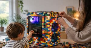 Un enfant et un adulte assemblant des briques LEGO sur le boîtier d'un ordinateur de jeu aux lumières néon colorées.