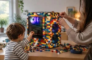 Un PC gamer transformé en LEGO, cadeau d’un enfant de 5 ans Un enfant et un adulte assemblant des briques LEGO sur le boîtier d'un ordinateur de jeu aux lumières néon colorées.