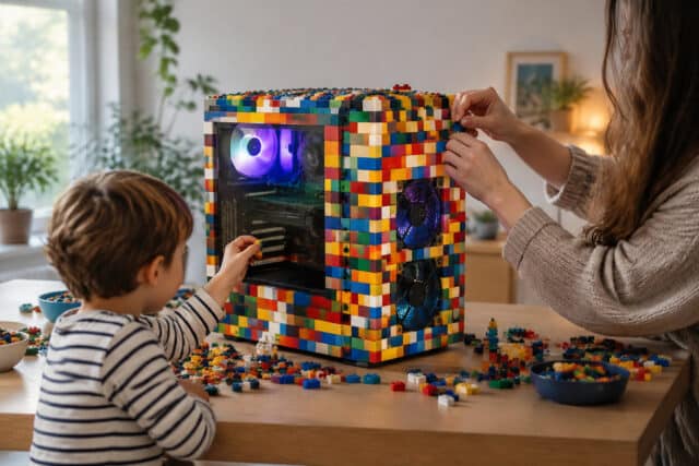 PC Gamer personnalisé en LEGO Un enfant et un adulte assemblant des briques LEGO sur le boîtier d'un ordinateur de jeu aux lumières néon colorées.