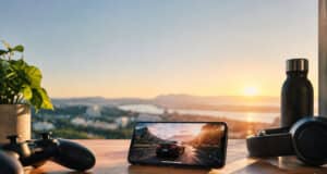 Un smartphone affichant un jeu de course sur une table en bois face à un coucher de soleil avec une manette et un casque.