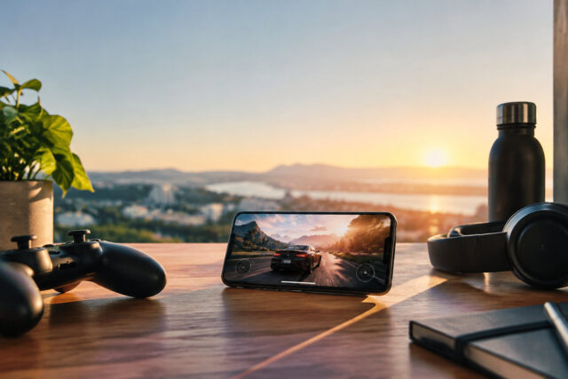 Un smartphone affichant un jeu de course sur une table en bois face à un coucher de soleil avec une manette et un casque.