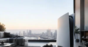 Une console PlayStation posée sur un bureau moderne face à une vue panoramique sur une ville, avec de la mémoire RAM.