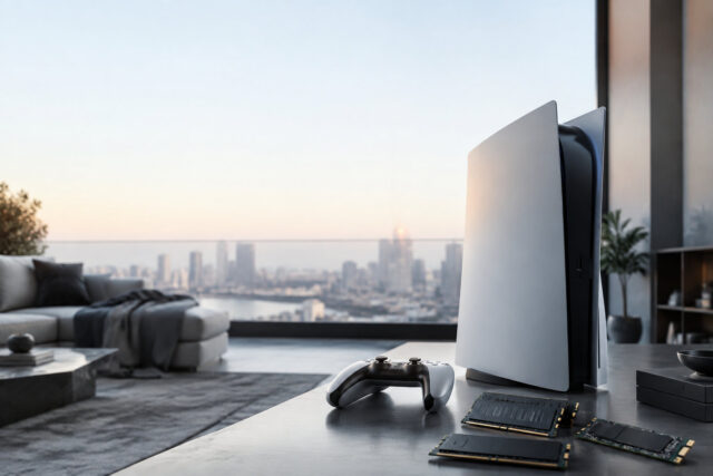La PlayStation 6 : un prix de plus de 1 000 dollars ? Une console PlayStation posée sur un bureau moderne face à une vue panoramique sur une ville, avec de la mémoire RAM.