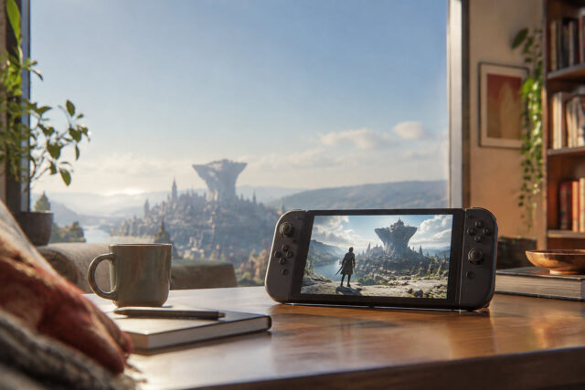 Démo de Metaphor: ReFantazio sur Switch 2 Console portable affichant le jeu Metaphor: ReFantazio sur une table devant une vue panoramique d'une cité fantastique.