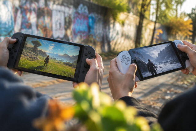Switch 2 vs PS5 : Le match des consoles portables Deux mains tenant des consoles portables affichant des paysages de jeux vidéo différents sur un fond urbain.