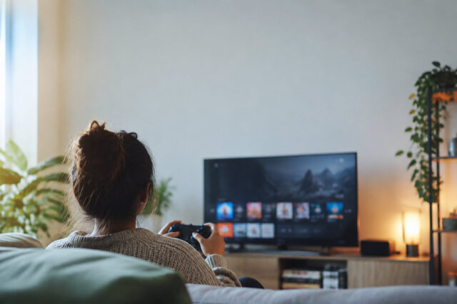 Comment annuler facilement un abonnement gaming Une femme assise sur un canapé jouant à un jeu vidéo devant une télévision dans un salon confortable.