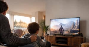 Un père et son fils jouent ensemble à un jeu vidéo dans un salon chaleureux et ensoleillé.
