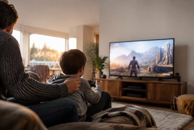 Un père et son fils jouent ensemble à un jeu vidéo dans un salon chaleureux et ensoleillé.