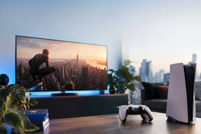 Avatars Spider-Man gratuits sur PlayStation Une console PlayStation 5 et sa manette DualSense devant une télévision affichant le jeu Spider-Man.