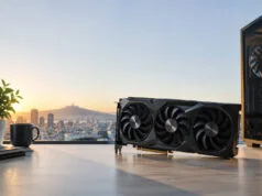 Prix de la RTX 5090 : ce qu’il faut savoir sur son tarif Carte graphique haute performance posée sur un bureau devant une fenêtre avec vue panoramique sur Marseille au coucher.