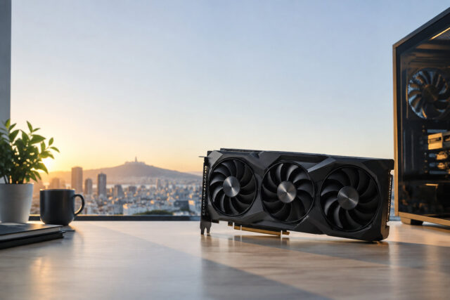 Carte graphique haute performance posée sur un bureau devant une fenêtre avec vue panoramique sur Marseille au coucher.