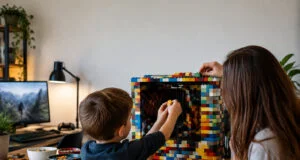 Un jeune garçon et une femme assemblent des briques LEGO autour d'un boîtier d'ordinateur sur un bureau en bois.