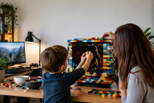 Un garçon de 5 ans crée un PC LEGO pour la Fête des Pères Un jeune garçon et une femme assemblent des briques LEGO autour d'un boîtier d'ordinateur sur un bureau en bois.