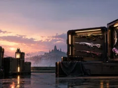 Boutique Valorant : comprendre la rotation des skins Présentoir de skins d'armes Valorant au coucher du soleil avec une cité mystérieuse en arrière-plan.