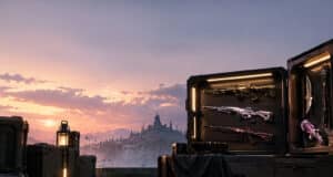 Présentoir de skins d'armes Valorant au coucher du soleil avec une cité mystérieuse en arrière-plan.