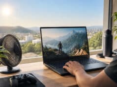 Une astuce simple contre la surchauffe de votre PC gaming Un ventilateur de bureau placé à côté d'un PC portable gaming sur un bureau, avec une vue panoramique sur une ville.