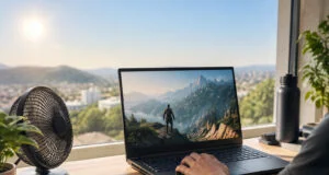 Un ventilateur de bureau placé à côté d'un PC portable gaming sur un bureau, avec une vue panoramique sur une ville.