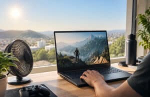 Une astuce simple contre la surchauffe de votre PC gaming Un ventilateur de bureau placé à côté d'un PC portable gaming sur un bureau, avec une vue panoramique sur une ville.