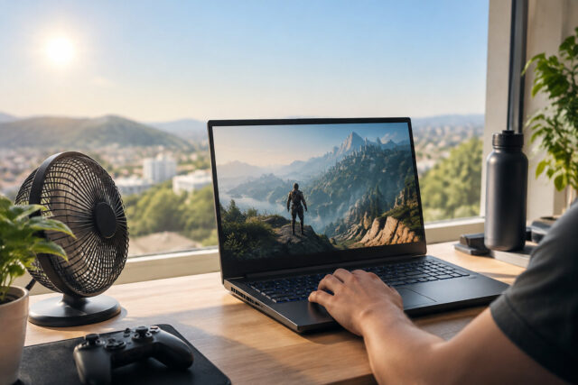 Astuce simple contre la surchauffe de votre PC gaming Un ventilateur de bureau placé à côté d'un PC portable gaming sur un bureau, avec une vue panoramique sur une ville.