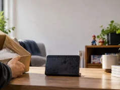 Votre New 3DS Mario Black Edition vaut plus de 300 dollars Une console New Nintendo 3DS noire édition Mario posée sur une table en bois à côté d'un carton d'emballage.