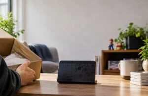 Votre New 3DS Mario Black Edition vaut plus de 300 dollars Une console New Nintendo 3DS noire édition Mario posée sur une table en bois à côté d'un carton d'emballage.