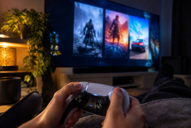 Fuites du PS Plus de novembre 2026 Une personne tenant une manette PlayStation 5 face à un grand écran affichant des images de jeux vidéo.