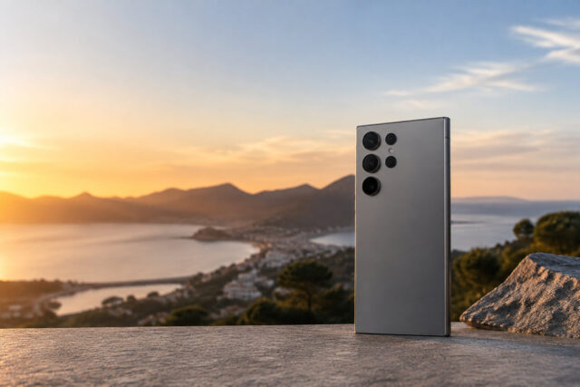 Samsung Galaxy S26 Ultra : design et élégance Dos d'un smartphone Samsung Galaxy S26 Ultra posé sur un rocher face à un coucher de soleil sur une baie.