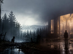 Humble Bundle : le pack de huit jeux d’horreur sur Steam à petit prix, avec Blair Witch et The Medium Une personne debout devant une ruine faisant face à un monde sombre et mystérieux avec un chien dans une forêt brumeuse.